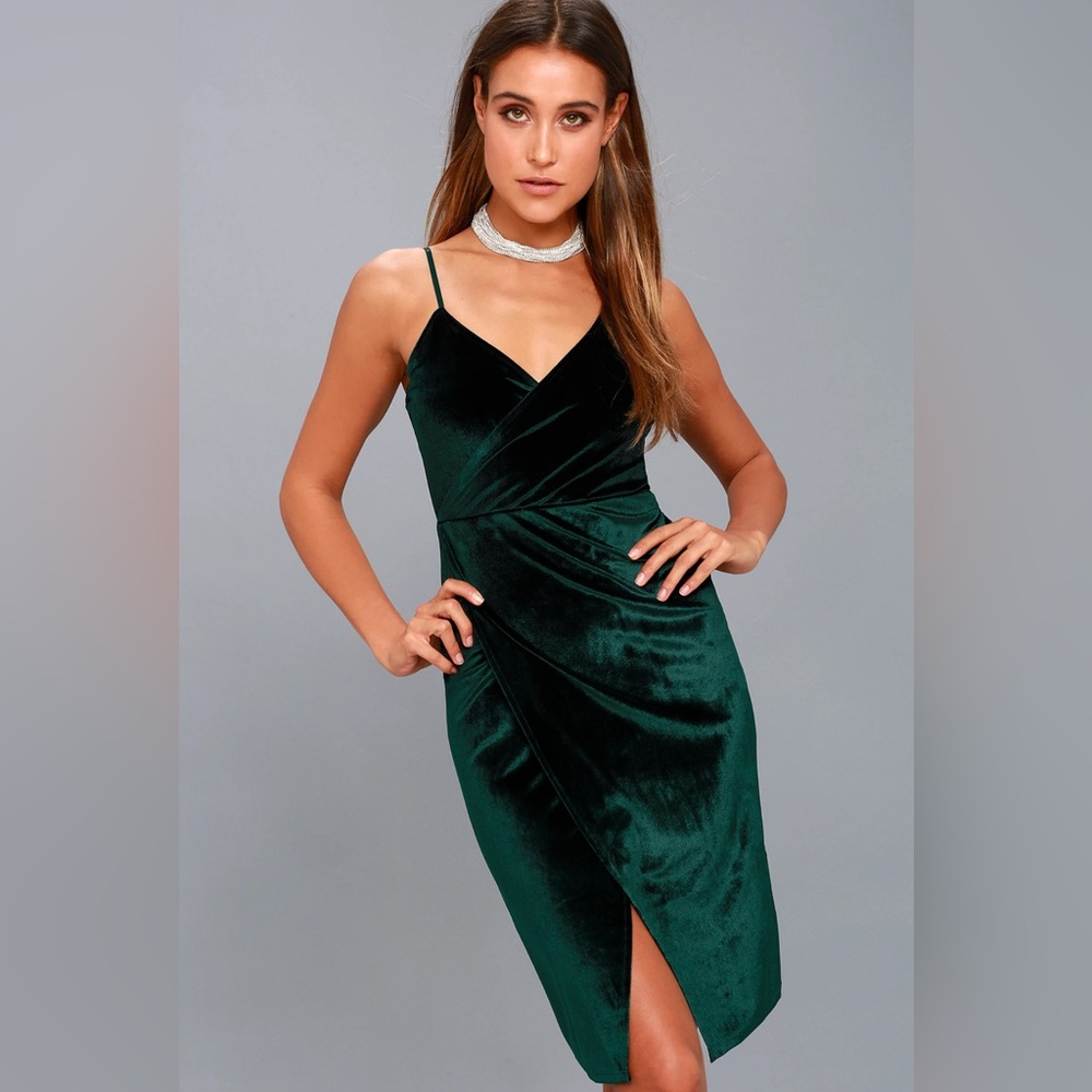 Lulu's Honey Love Dark Green Velvet Bodycon Wrap Dress Size Small